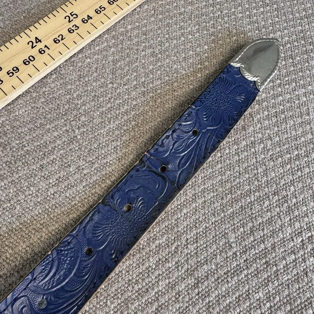 VTG Floral Embossed Dark Blue Leather Belt  Women’s Small Western Southwest 551